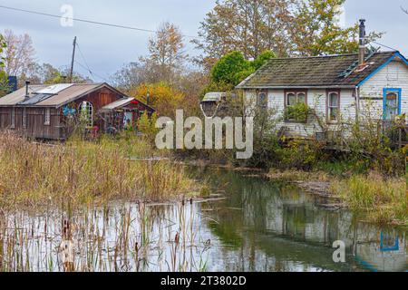 Rustic cabins on stilts at Finn Slough in Richmond British Columbia Canada Stock Photo