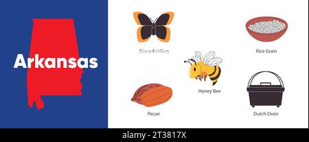 Arkansas states map united America country symbol icon butterfly rice honey bee drawing illustration Stock Vector