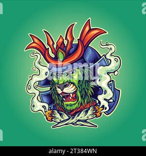 Lion samurai tranquil cannabis smoke vector illustrations for your work logo, merchandise t-shirt, stickers and label designs, poster, greeting cards Stock Vector