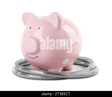Water scarcity concept. Piggy bank and shower hose isolated on white Stock Photo