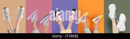 Photos of women in stylish sneakers on different color backgrounds, collage design Stock Photo