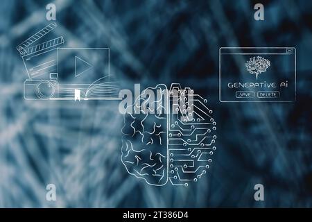 human brain creating videos photos and books and microchip brain creating generative AI content, artificial intelligence and deep learning conceptual Stock Photo