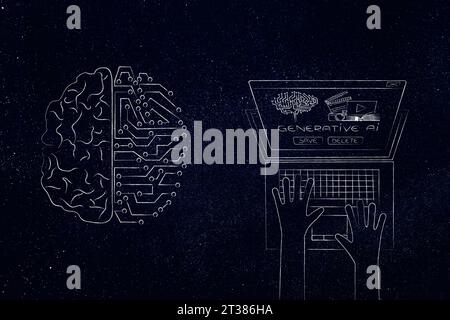 artificial intelligence and deep learning conceptual illustration, half human half robot brain next to laptop with generative AI pop-up message Stock Photo