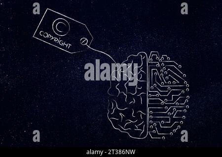 artificial intelligence and authorship conceptual illustration, half human brain with copyright tag and half robot brain without Stock Photo