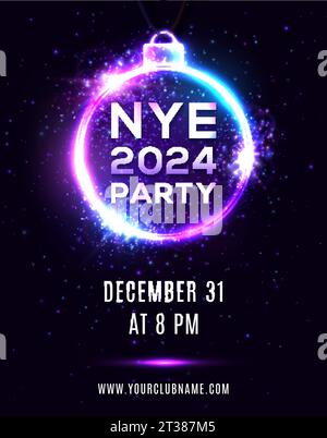 New Year Eve 2024 party poster on dark blue background. NYE beautiful holiday banner, hanging Xmas ball shape electric circle frame. Disco night flyer Stock Vector