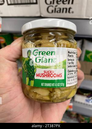 Grovetown, Ga USA - 08 06 23: Walmart grocery store Green Giant sliced mushrooms in a jar Stock Photo