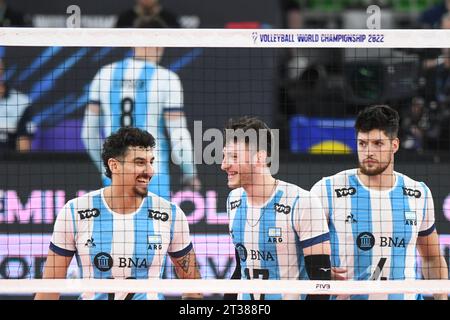 Bruno Lima, Luciano Vicentin, Joaquin Gallego (Argentina). Volleyball World Championship 2022. Stock Photo