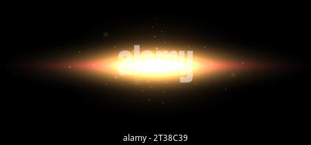 Planet shine effect. Orange yellow solar light glare concept. Abstract glowing element in dark space. Glow with sparks illustration. Vector design shape for poster, banner, cover, brochure, booklet Stock Vector