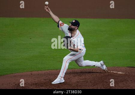 Houston, United States. 23rd Oct, 2023. Houston Astros pitcher Jose Urquidy throws in the seventh inning against the Texas Rangers in game seven of the ALCS at Minute Maid Park in Houston on Monday, October 23, 2023. Photo by Kevin M. Cox/UPI Credit: UPI/Alamy Live News Stock Photo