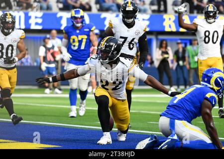 Pittsburgh Steelers running back Najee Harris (22) scores a touchdown during an NFL football game against the Los Angeles Rams, Sunday, Oct. 22, 2023, Stock Photo