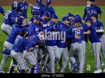 Houston, United States. 23rd Oct, 2023. Texas Rangers players celebrate after defeating the Houston Astros 11-3 to win the ALCS and advance to the World Series, at Minute Maid Park in Houston on Monday, October 23, 2023. Photo by Kevin M. Cox/UPI . Credit: UPI/Alamy Live News Stock Photo