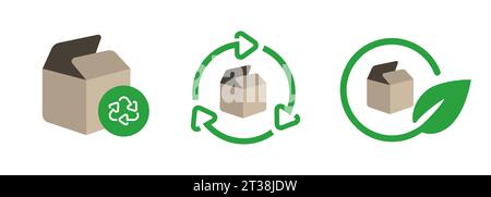 brown cardboard box recycle reuse green eco leaf environmental friendly symbol icon biodegradable Stock Vector