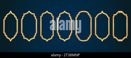 Golden Ramadan frame. Islamic window shapes with ornament. Muslim vector vintage border. Indian decoration for banner in oriental style. Stock Vector