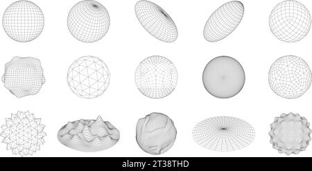 Wireframe 3D circle grid shapes. Geometric sphere mesh, abstract round figures vector set with editable stroke paths Stock Vector