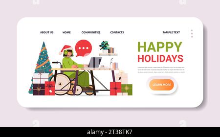 disabled woman operator with headset wearing santa claus hat sitting in wheelchair girl chatting with clients customer service rep people with Stock Vector