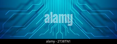Bright blue circuit board chip lines tech background. Technology vector banner design Stock Vector