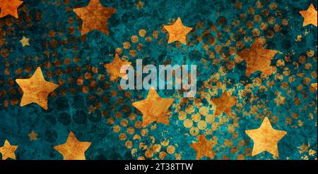 Golden stars on turquoise grunge abstract background. Luxury vector design Stock Vector