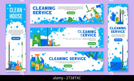 Cleaning service banner. Professional housemaid, clean house flyer with cleaning equipment vector template set Stock Vector