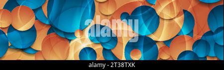 Vibrant glossy blue and orange circles abstract geometric background. Vector banner design Stock Vector