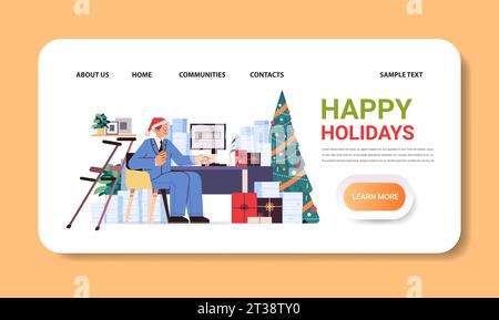 disabled man data entry clerk in festive santa claus hat working with database on computer people with disabilities merry christmas new year holidays Stock Vector