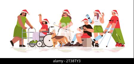 group of young disabled men and women in Christmas Santa Claus hats standing together feeling positive and confident people with disabilities Stock Vector