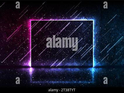 Blue purple neon laser square frame abstract technology retro grunge background. Futuristic glowing graphic vector design Stock Vector