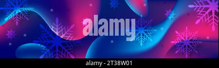 Blue and purple Christmas snowflakes background with liquid wavy shapes. Vector banner design Stock Vector