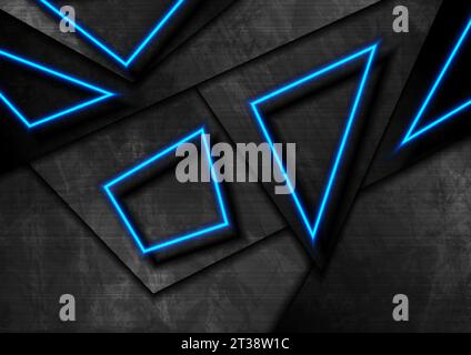 Black grunge and blue neon polygonal abstract background. Geometric vector design Stock Vector