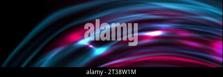 Blue pink glossy glowing waves abstract background. Shiny wavy neon vector banner design Stock Vector
