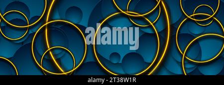 Dark blue geometric circles with glowing neon rings abstract banner. Technology vector background Stock Vector