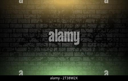 Grunge brick wall with orange green neon illumination abstract background. Vector retro design Stock Vector