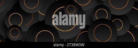 Tech geometric background with abstract golden and black circles. Vector banner design Stock Vector