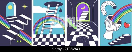 Surreal art posters. Abstract backgrounds with ladders, rainbows, holes and windows. Creative illustration vector set Stock Vector