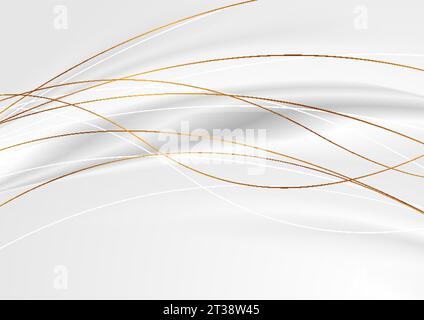 Grey silver smooth waves with curved golden lines abstract background. Vector design Stock Vector