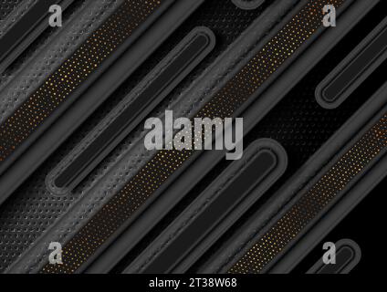 Black tech geometric background with golden dots and dark stripes. Vector design Stock Vector