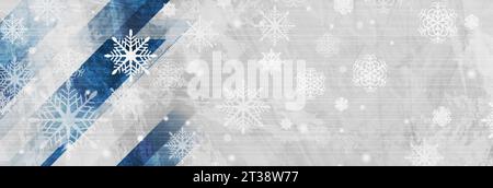 Geometric grunge Christmas blue and grey background with snowflakes. Vector banner design Stock Vector