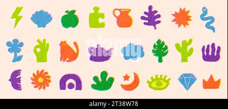 Abstract elements with risograph effect. Shapes with linocut texture and risographer overlay vector set Stock Vector