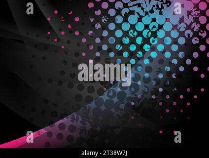 Black abstract wavy background with blue pink grunge halftone dots. Vector retro design Stock Vector