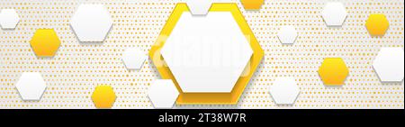 Grey and orange geometric hexagons abstract technology background with dots. Vector banner design Stock Vector
