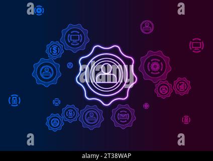 Abstract neon communication background with gears and icons. Technology glowing vector design template Stock Vector