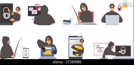Cartoon hacker character. Cyber threat for internet privacy and cybersecurity, phishing and hacking vector illustration set Stock Vector