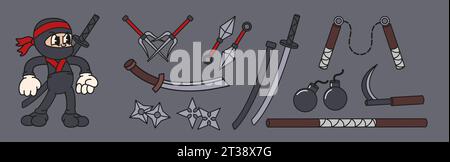 Cartoon ninja weapon. Japanese martial art equipment, katana sword, nunchucks, shuriken and sai isolated vector set Stock Vector