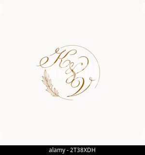 Initials KV wedding monogram logo with leaves and elegant circular lines vector graphic Stock Vector