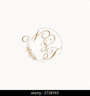 Initials NT wedding monogram logo with leaves and elegant circular lines vector graphic Stock Vector