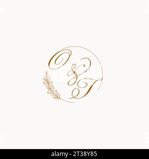 Initials OT wedding monogram logo with leaves and elegant circular lines vector graphic Stock Vector