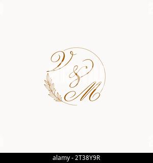 Initials VM wedding monogram logo with leaves and elegant circular lines vector graphic Stock Vector