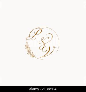 Initials PV wedding monogram logo with leaves and elegant circular lines vector graphic Stock Vector