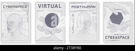 Posters with wireframe human head. Low poly 3D cyberspace streetwear print, cyber virtual poster with futuristic waves vector illustration set with Stock Vector