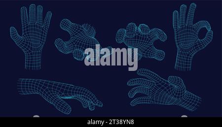 Wireframe hand gestures. Grabbing gesture, open palm and digital ok hand sign in futuristic 3D hologram mesh grid style vector set with editable Stock Vector
