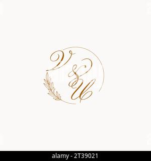 Initials VU wedding monogram logo with leaves and elegant circular lines vector graphic Stock Vector